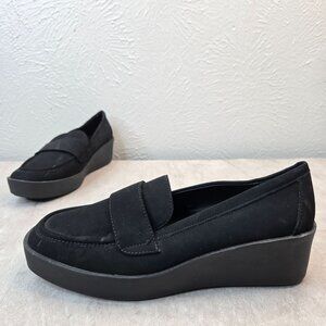 Aerosoles Platform Penny Loafers 7.5 Black Faux Suede Comfort Preppy Dress Shoes